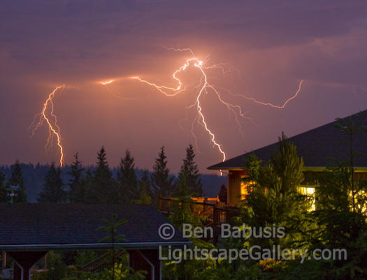 Seattle Lightning. Issaquah, Washington. A rare powerful thunderstorm struck the Seattle area in the early summer creating a beautiful lightning display over the Mt. Rainier foothills.  Ben Babusis, Lightscape Gallery.