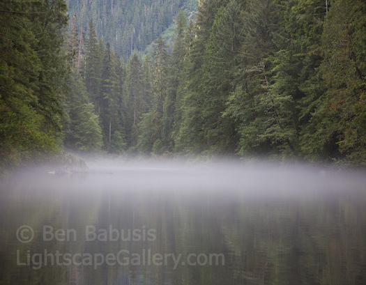 Foggy Inlet. River's Inlet, British Columbia. Fog layers across a glass-smooth inlet in a remote corner of British Columbia.  Ben Babusis, Lightscape Gallery.