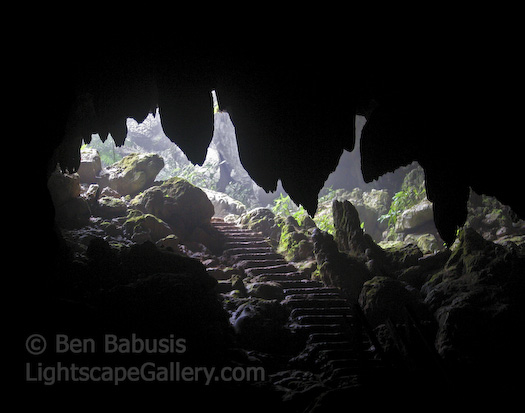 Cave Silhouette. Caves Branch, Belize. The silhouette of large stalactites hanging from the opening of a cave in central Belize.  Ben Babusis, Lightscape Gallery.