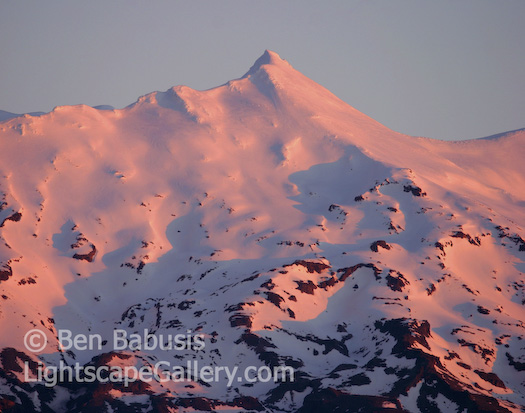 Ruapehu Sunset. Tongoriro National Park, New Zealand. Mt. Ruapehu is the tallest peak on the North Island (9176 ft) and an active volcano.  Ben Babusis, Lightscape Gallery.