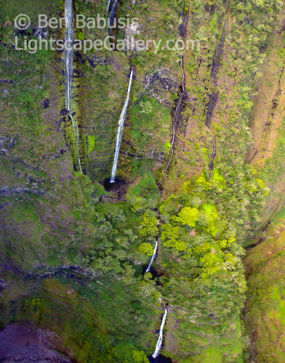Honokohau Falls. Maui, Hawaii. Spectacular waterfalls plummet into a hanging valley on the coast of Maui.  Ben Babusis, Lightscape Gallery.