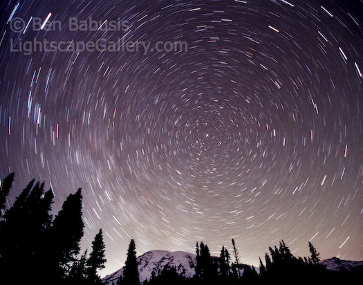 Stars Over Rainier. Mt. Rainier, Washington. Timed exposure of the night sky above Mt. Rainier taken from Paradise.  Ben Babusis, Lightscape Gallery.