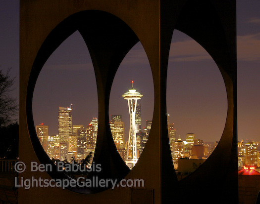 Needle View. Seattle, Washington. View of the Space Needle through sculpture at Kerry Park.  Ben Babusis, Lightscape Gallery.