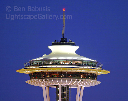 Top of the Needle. Seattle, Washington. Close up view of the rotating restaurant on top of Seattle's Space Needle.  Ben Babusis, Lightscape Gallery.