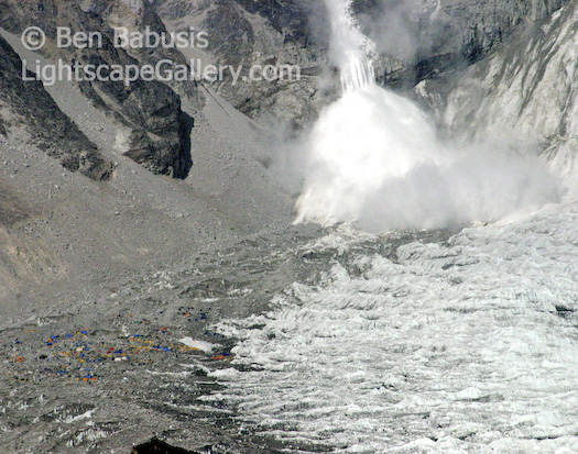 Everest Avalanche. Mt. Everest, Nepal. An avalanche crashes from the flanks of Mt. Everest to the floor of the Kumbu Valley close to the Everest Base Camp located on the left of the image.  Ben Babusis, Lightscape Gallery.