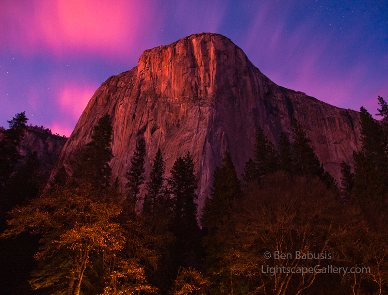 Night Cap. Yosemite, CA. Ethereal glow from high altitude clouds nearly 2 hours after sunset light up El Capitan from the floor of Yosemite Valley.  Ben Babusis, Lightscape Gallery.