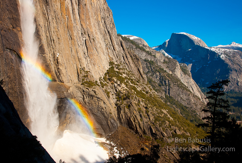 Yosemite!. Yosemite, CA. The two most famous features of Yosemite National Park, Half Dome and Yosemite Falls, are visible together.  Ben Babusis, Lightscape Gallery.