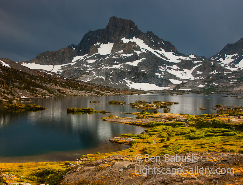 Banner Peak Storm. Thousand Island Lake, CA. Majestic Banner Peak, 12,936 feet, towers over Thousand Island Lake in the high Sierra as a massive thunderstorm approaches.  A lightning bolt struck the summit shortly after this exposure.  Ben Babusis, Lightscape Gallery.