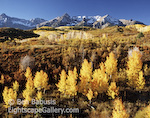 Aspens and Mt. Sneffles. Ridgeway, Colorado. Southwestern Colorado has about as much character as you can squeeze into a place: from a rich gold mining history to a plethora of majestic 14-ers's to one of the most spectacular autumn vistas in the west. This image of Mt. Sneffles graced by colorful aspens was caught one beautiful autum morning off the highway near Ridgeway.  Ben Babusis, Lightscape Gallery.