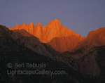 Whitney Sunrise. Lone Pine, California. The warm glow of morning light strikes Mt. Whitney (14,495 ft), the highest point in the USA outside of Alaska.  Ben Babusis, Lightscape Gallery.