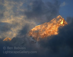 Himalaya Sunset. Sagarmatha National Park, Nepal. The taller and more distant Mt. Everest (left) and Nuptse (right) light up a brilliant yellow just before sunset.  Ben Babusis, Lightscape Gallery.