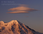 Rainier's Hat. Mt. Rainier, Washington. Lenticular clouds caps Mt. Rainier at sunset.  Ben Babusis, Lightscape Gallery.