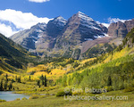 Maroon Bells. Aspen, Colorado. Groves of sparkling yellow aspens make for a beautiful forearm in front of the Maroon Bells in the Colorado Rockies.  Ben Babusis, Lightscape Gallery.
