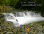 Cascade. Wallace Falls, Washington. Colorful leaves sprinkled amongst a small cascade near Wallace Falls.  Ben Babusis, Lightscape Gallery.