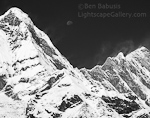 Annapurna Glory. Annapurna Base Camp, Nepal. Moon rises over gloriously sunlit peaks of the Annapurna Sanctuary.  Ben Babusis, Lightscape Gallery.