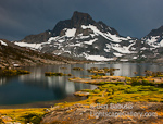 Banner Peak Storm. Thousand Island Lake, CA. Majestic Banner Peak, 12,936 feet, towers over Thousand Island Lake in the high Sierra as a massive thunderstorm approaches.  A lightning bolt struck the summit shortly after this exposure.  Ben Babusis, Lightscape Gallery.